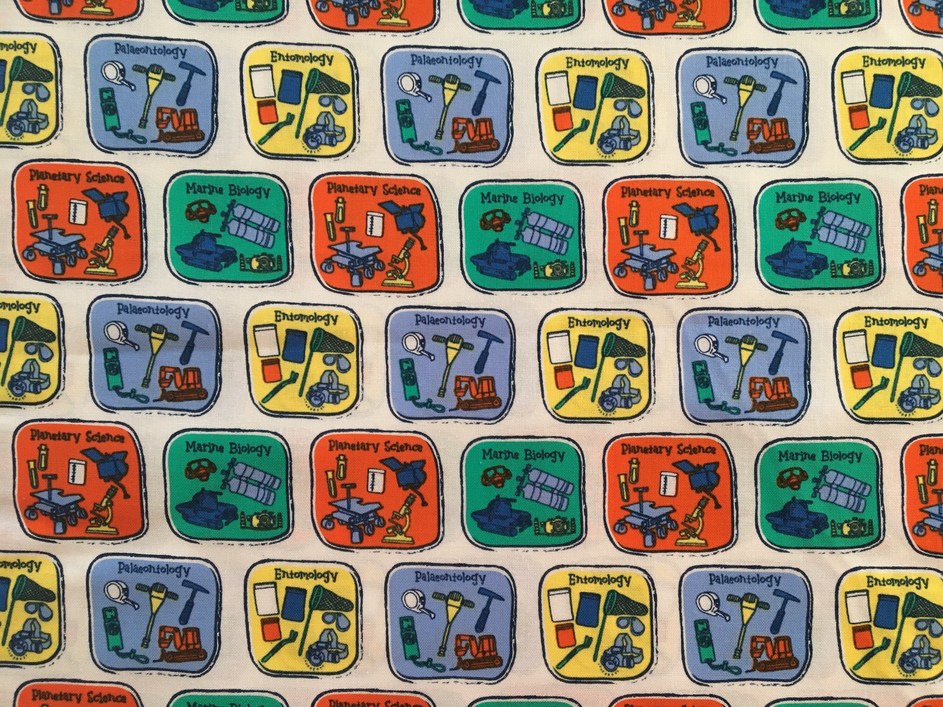 Scientist fabric, science fabric, school fabric, Natural History Museum fabric, children's fabric, 100% Cotton, Craft Cotton Co, UK