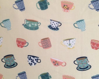 Tea Party Fabric, Tea cup fabric, Yellow fabric, 100% Cotton Fabric, Fabric by half metre, Fabric by metre