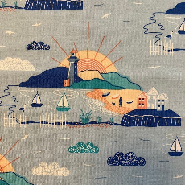 Lighthouse Fabric, Nautical Fabric, Seaside Fabric, 100% Cotton Fabric, Fabric by half metre, Fabric by metre