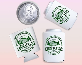 Camp Bach Can Cooler, Personalized Koozie, Camping Bachelorette, Lake Bachelorette, Wedding Coozies, Cabin Crew Bach, Custom Can Coolers