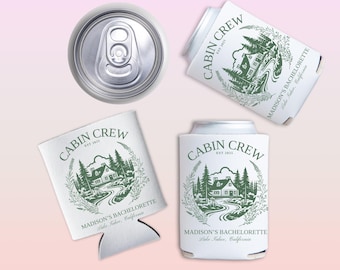 Camp Bach Can Cooler, Personalized Koozie, Camping Bachelorette, Lake Bachelorette, Wedding Coozies, Cabin Crew Bach, Custom Can Coolers