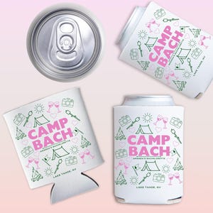 Camp Bach Can Cooler, Personalized Koozie, Camping Bachelorette, Lake Bachelorette, Wedding Coozies, Cabin Crew Bach, Custom Can Coolers