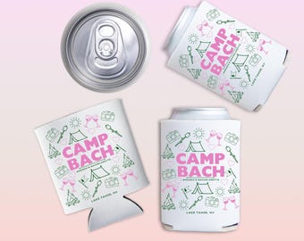 Camp Bach Can Cooler, Personalized Koozie, Camping Bachelorette, Lake Bachelorette, Wedding Coozies, Cabin Crew Bach, Custom Can Coolers