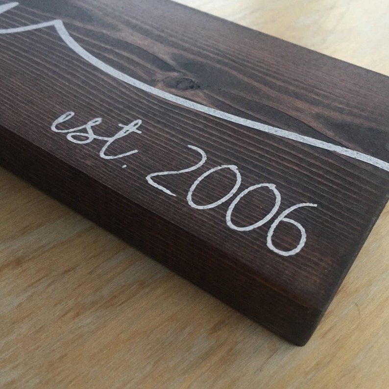 May include: A dark brown wooden sign with white lettering that reads "est. 2006".
