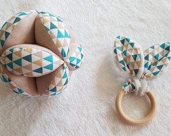 Montessori Gripping Ball / Rattle, Natural teething ring -- Oeko-Tex Fabric