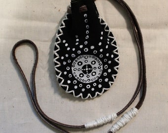 Black Leather Medicine Pouch | Medicine Circle | Leather Bag | Eternal Connection | Mandala Meditation| Neck Strap | Four Directions