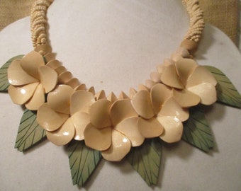 carved wood flower necklace