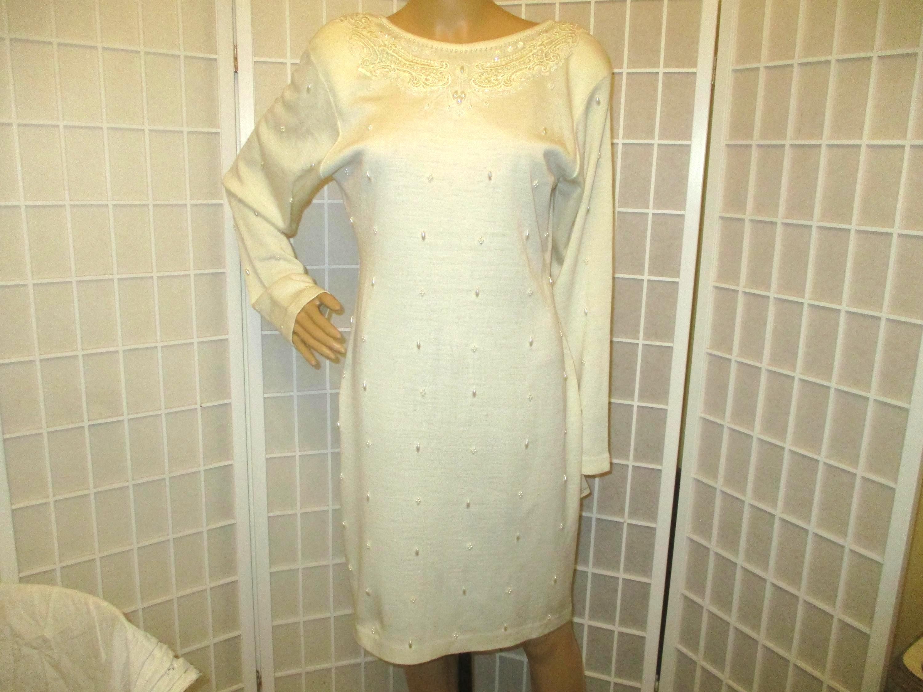 Carole Little Vintage Knit Faux Pearl Beaded Low Back Sweater Dress