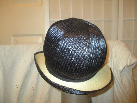 Kutz vintage navy and natural straw cloche hat - image 7