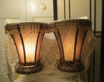 pair inverted shade jacquard fabric beaded fringe accent lamps