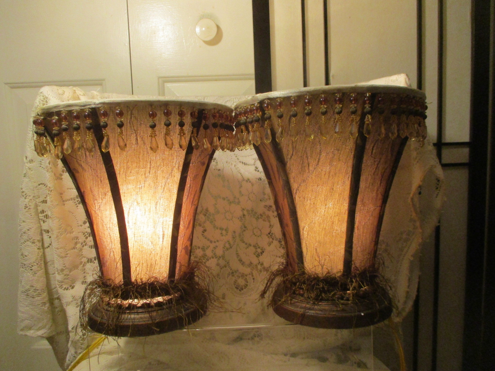 Pair Inverted Shade Jacquard Fabric Beaded Fringe Accent Lamps Etsy