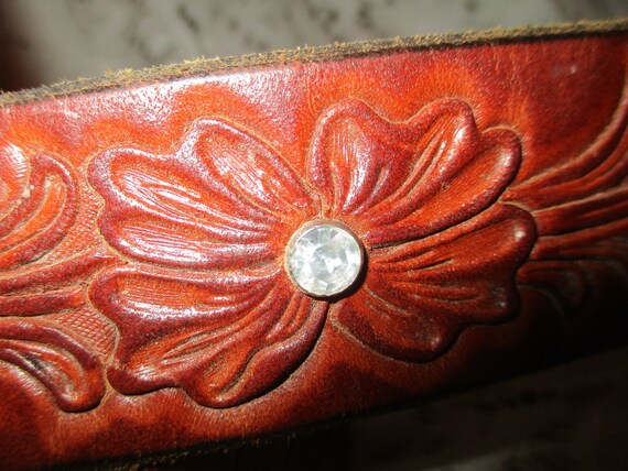 tooled leather belt with faux turquoise metal buc… - image 4
