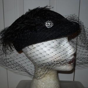 Chic Black Cloche Hat by Swan Hat with Feather and rhinestone Embellishments Swan Hat New York Ladies Black Velvet Rhinestone Bow  main image 3