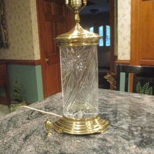 vintage pressed and etched crystal and brass table lamp base