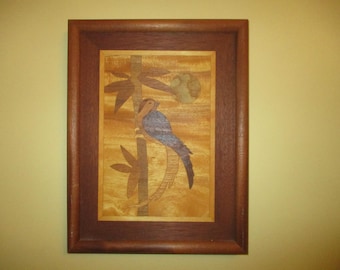 vintage inlayed wood bird on bamboo branch framed wall art