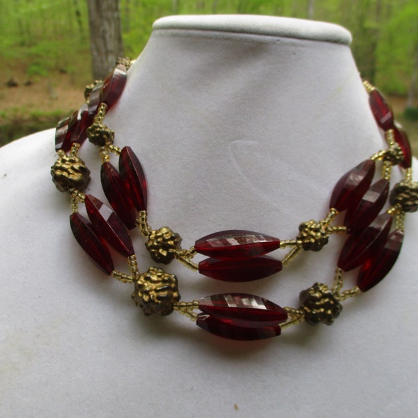 Collier épais 2 rangs de perles rouge rubis