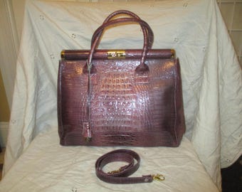 borsa a tracolla/borsa a tracolla in pelle verniciata con stampa coccodrillo vintage, lucchetto e chiave