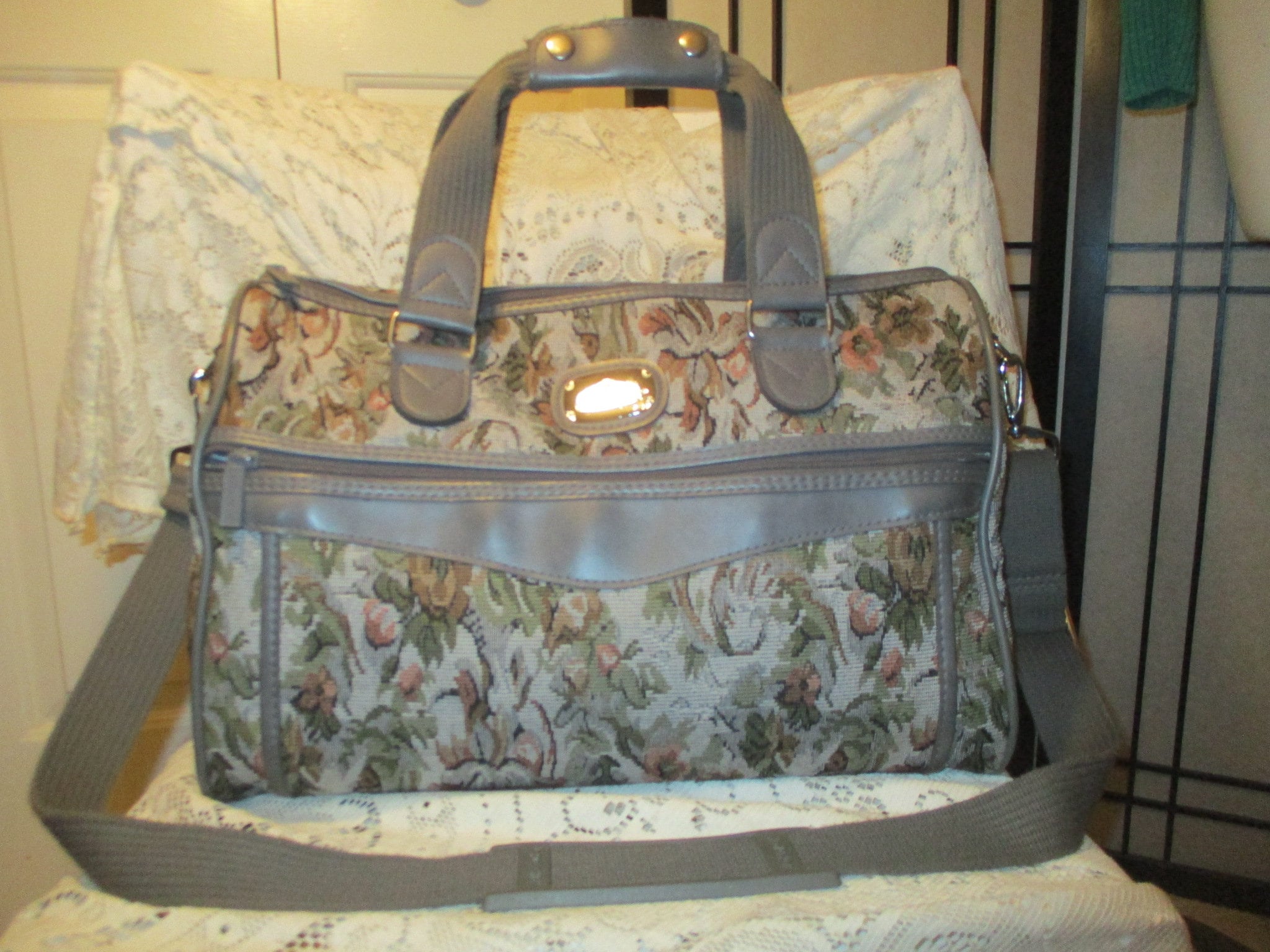 REDUCED!!! Vintage French Luggage Tapestry Pattern Grey Rose 5