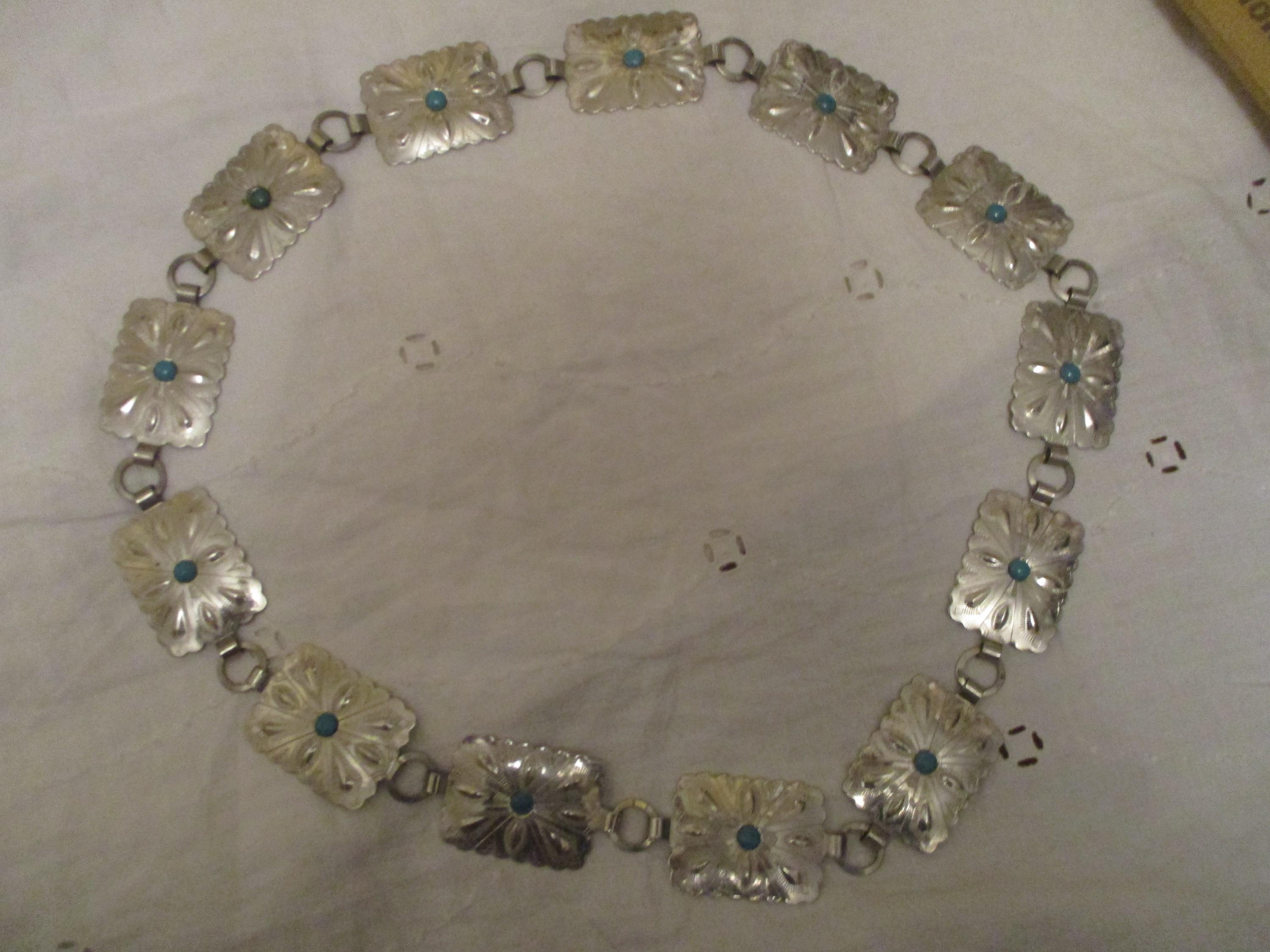 Silver Tone Carved Etched Metal Turquoise Cabochon Chain Southwest Style Belt Belt, A Vintage, Concho, Turquoise, Old Pawn, circa 1950 main image 4