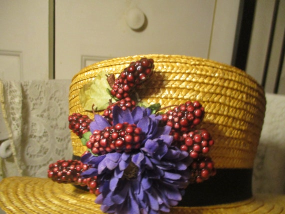 Straw boater hat with berries and purple flower - image 10