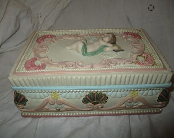 Hand painted vintage art nouveau small jewelry box with angel