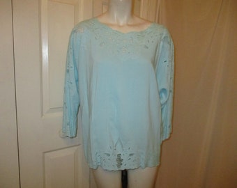 Marcia & Me and Co. aqua 3/4 sleeve embroidered tunic