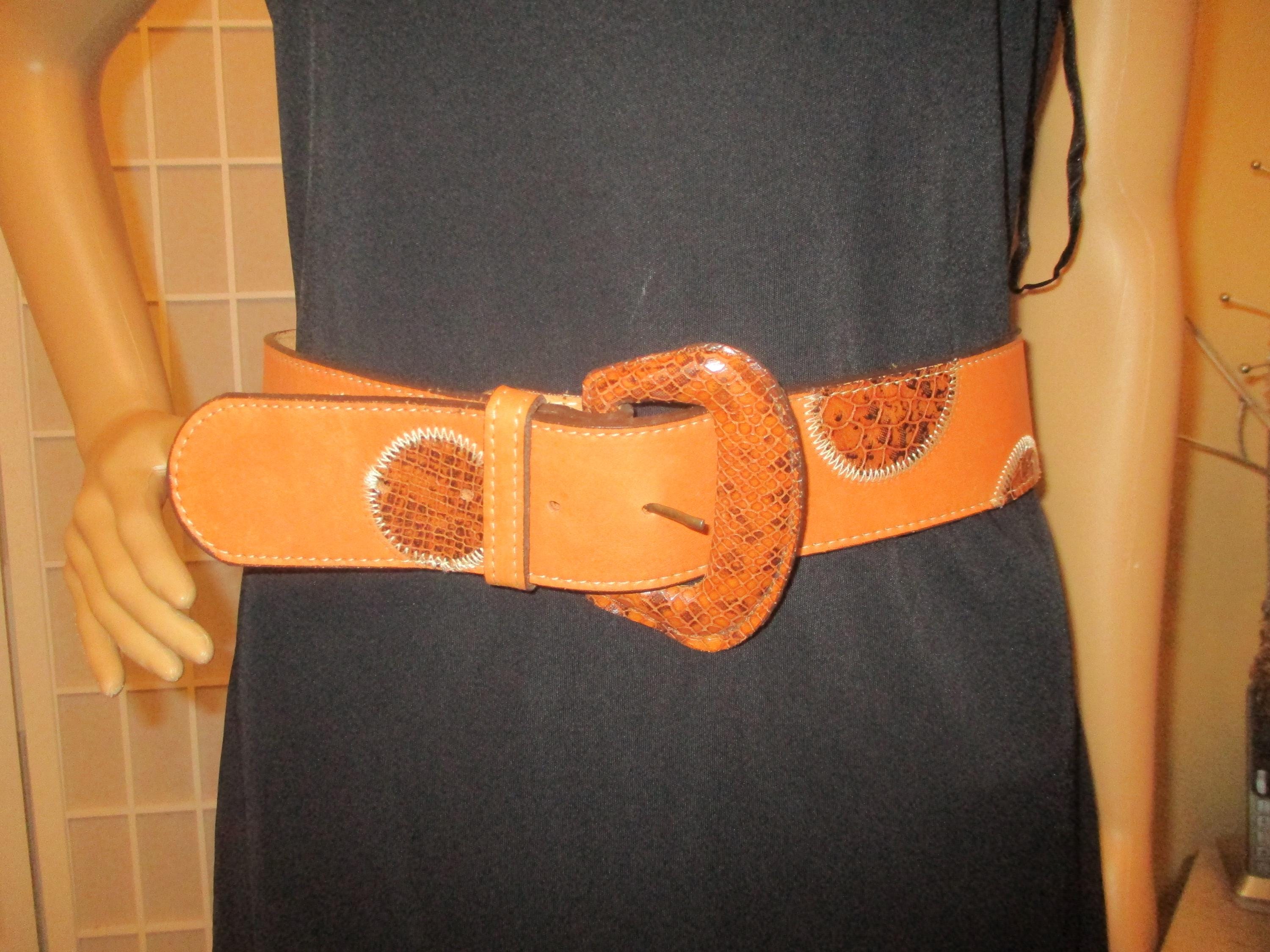 Catherine Dial Easley Tan Leather Aztec Chunky  Buckle Beaded Western Belt SZ S Catherine Dial Easley Vintage Leather Belt With Snakeskin  main image 3