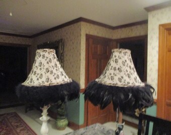 pair feather trimmed flocked fabric lamp shades