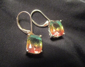 sterling silver emerald cut rainbow stone dangle earrings