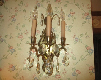 art nouveau 3 arm solid brass electric wall sconce with crystals