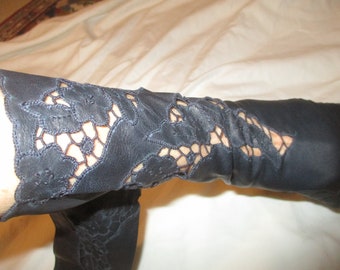 long kid leather gloves with open work lace cut out