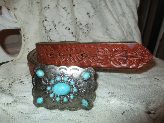 tooled leather belt with faux turquoise metal buc… - image 1