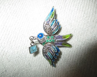 800 silver filigree enamel bird carrying letter pin
