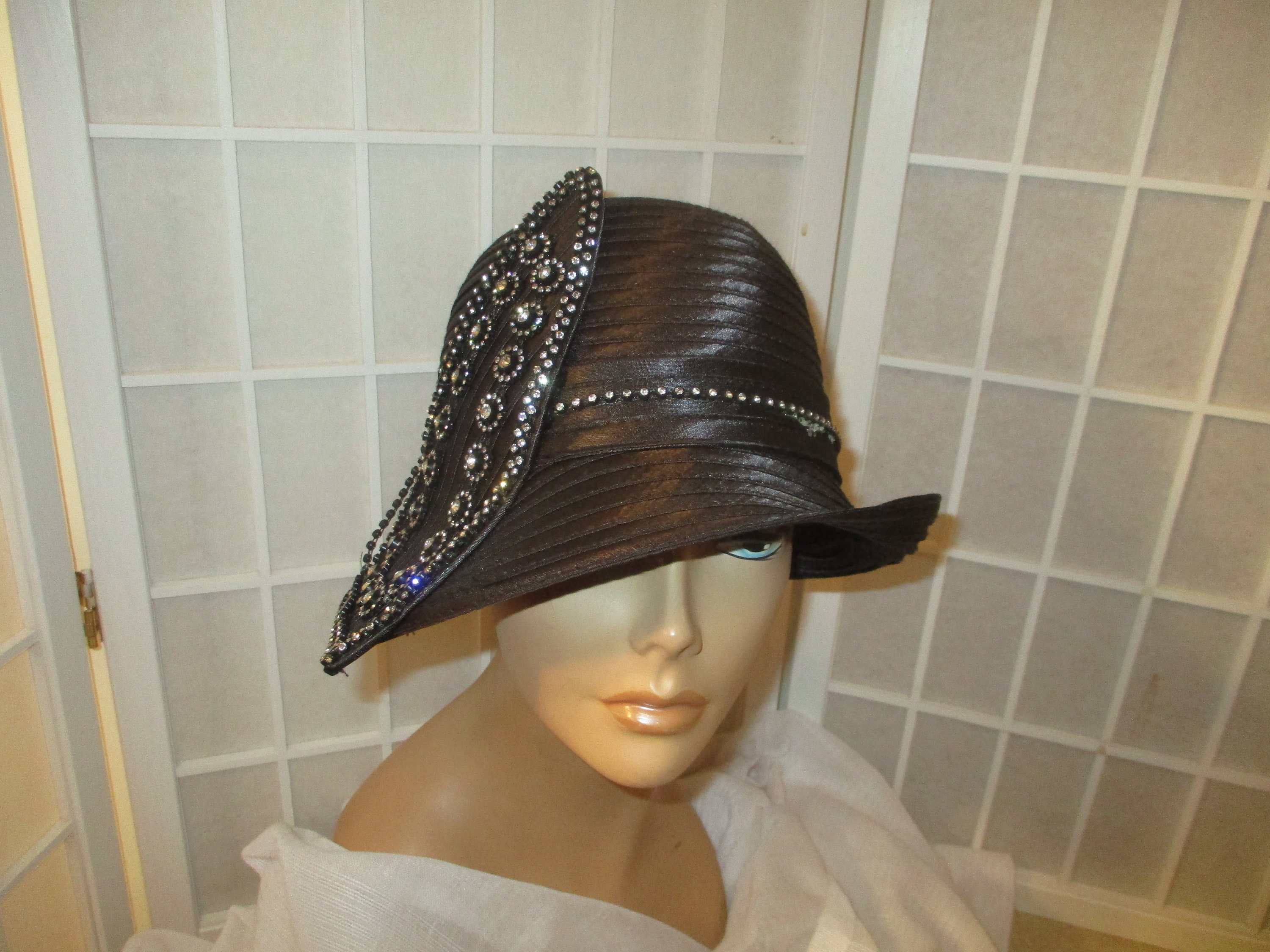 Swan Hat New York Chic Fuchsia Rhinestone Church Hat Designer Couture Church Fascinator Hat, Rhinestones  main image 4
