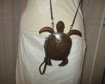 vintage small leather sea turtle cross body bag, wristlet