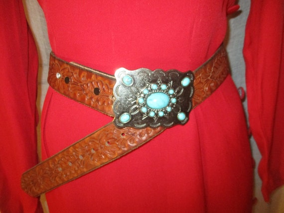 tooled leather belt with faux turquoise metal buc… - image 6