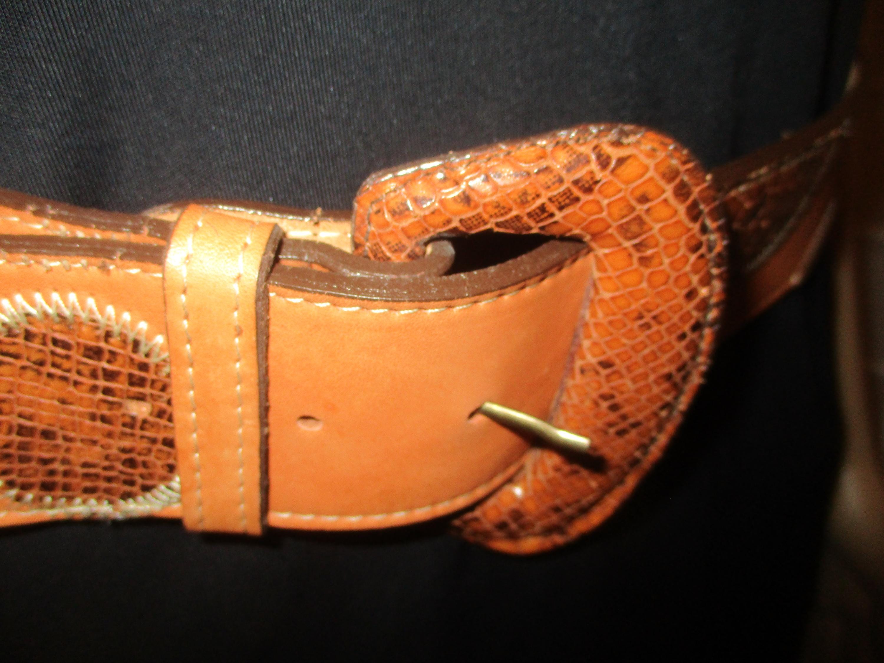 Catherine Dial Easley Tan Leather Aztec Chunky  Buckle Beaded Western Belt SZ S Catherine Dial Easley Vintage Leather Belt With Snakeskin  main image 4