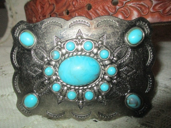 tooled leather belt with faux turquoise metal buc… - image 3