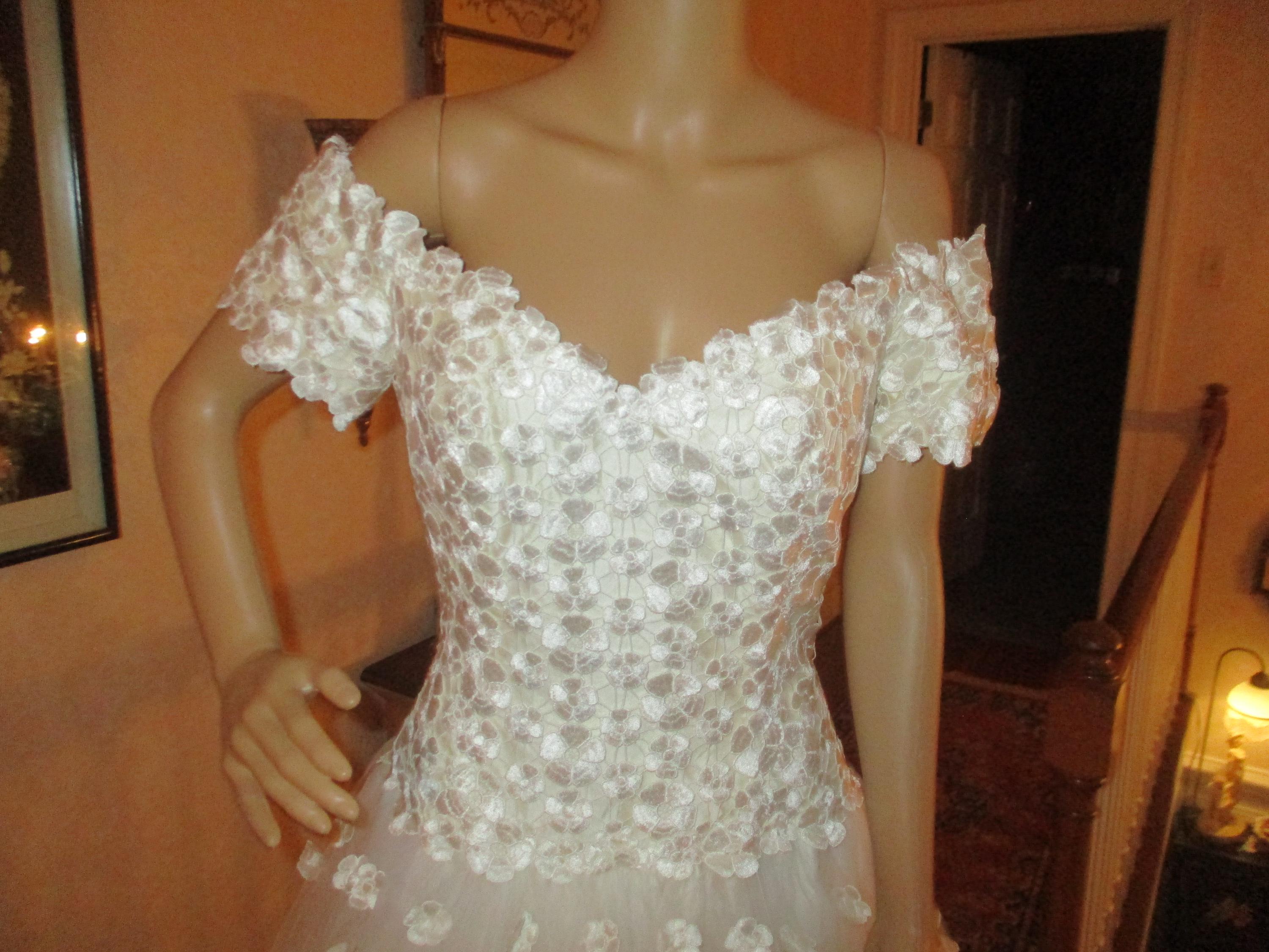 Jim Hjelm Tiffanys Lace Sweetheart Off Shoulder Bridal Gown with Full Tulle Skirt