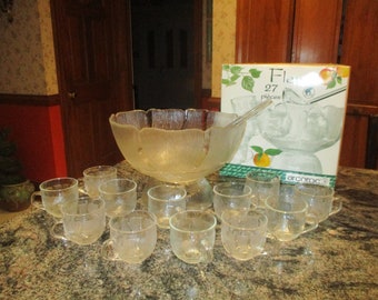 vintage Arcoroc "Fleur" glass punch bowl set