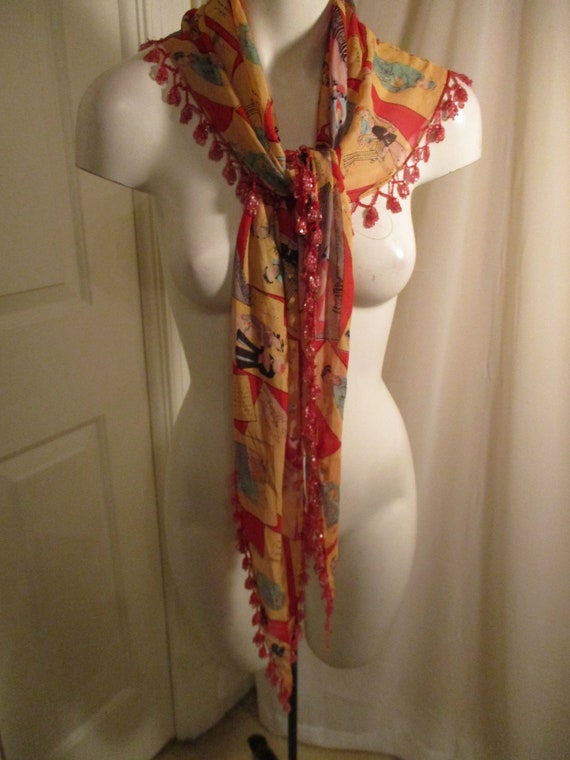 Japenese silk crepe beaded fringe shawl - image 4