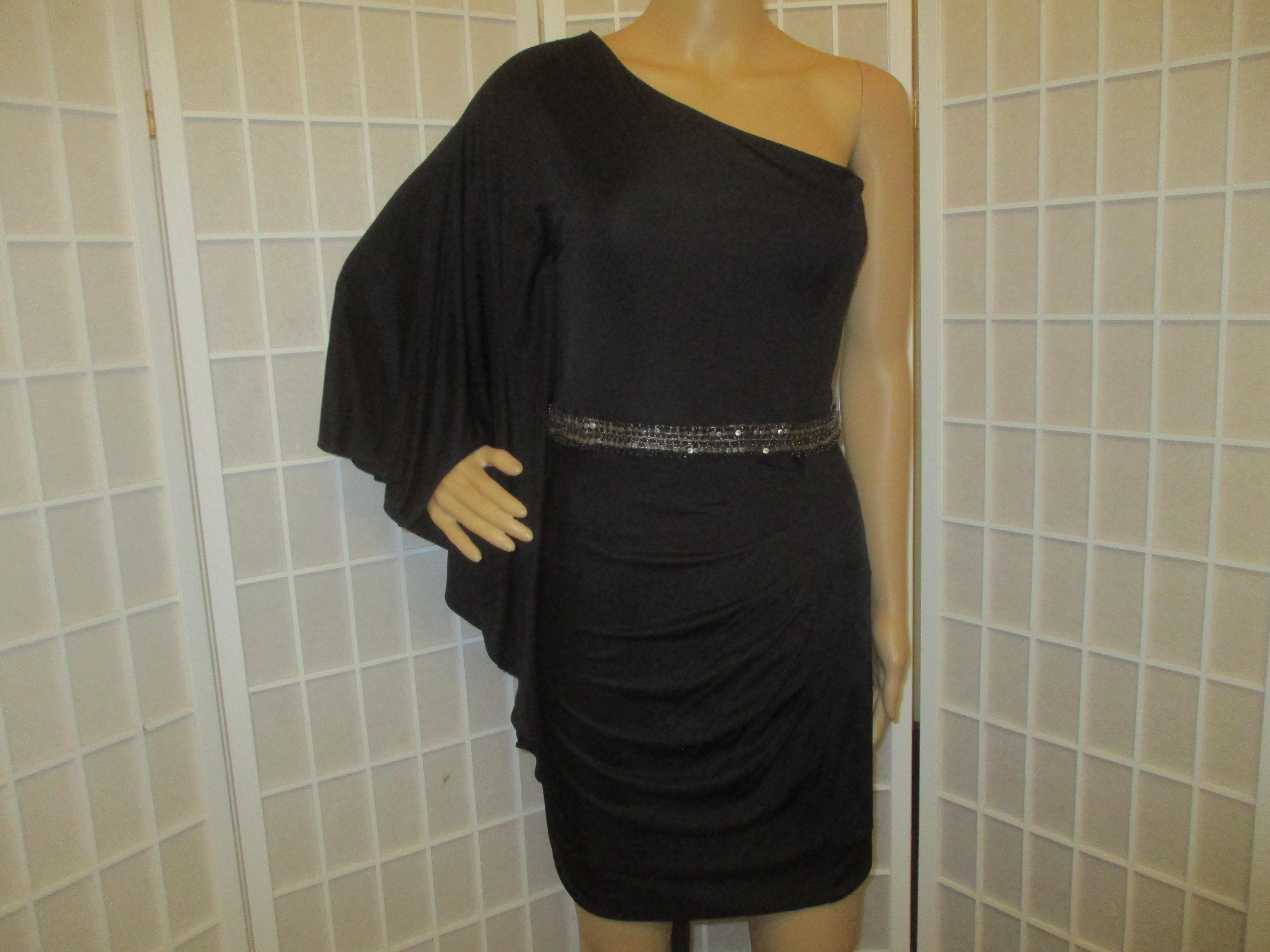 Cache' vintage one shoulder bat sleeve mini cocktail/party dress