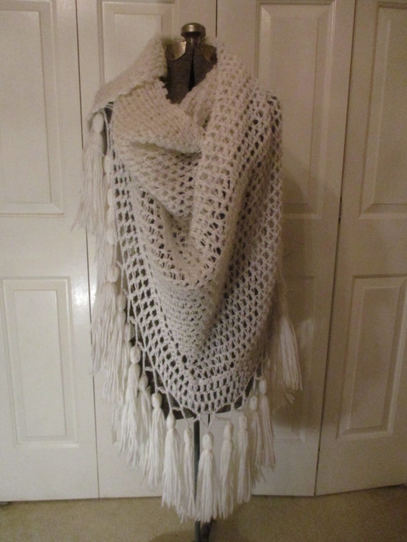 crocheted tassel fringed shawl - image 9