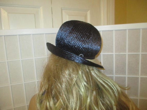 Kutz vintage navy and natural straw cloche hat - image 3