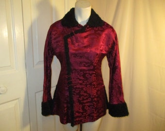 oriental brocade jacket with faux fur trim