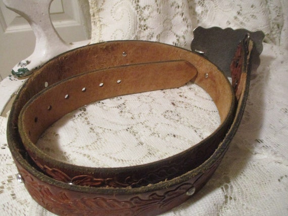 tooled leather belt with faux turquoise metal buc… - image 10