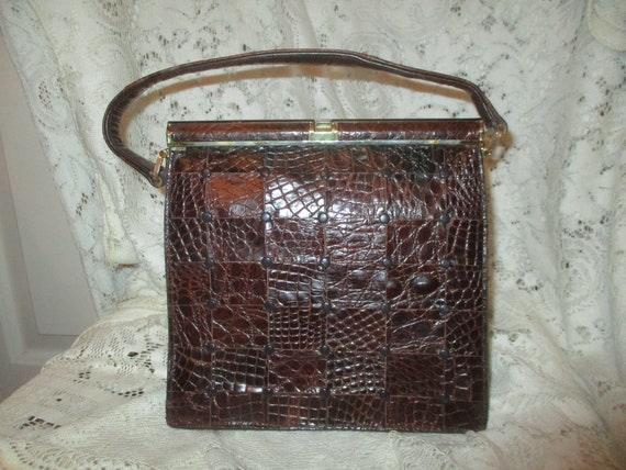 Lesco croc embossed studded patchwork satchel - image 6