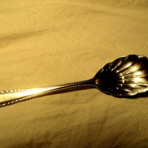 Puede incluir: Una cuchara plateada con un cuenco decorativo en forma de concha y un mango largo y delgado. El mango tiene un diseño detallado en forma de cuerda a lo largo de los bordes. La cuchara es probablemente para servir.