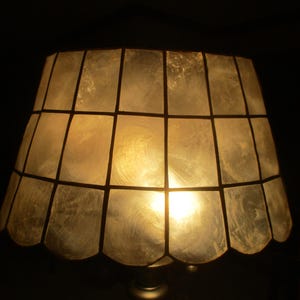 Puede incluir: Una pantalla de lámpara construida con paneles de concha translúcidos e iridiscentes dispuestos en un patrón de cuadrícula con un marco de metal oscuro. La pantalla presenta un borde inferior festoneado y emite una luz cálida y brillante desde una bombilla interna, resaltando las texturas naturales y arremolinadas de los segmentos de concha individuales.