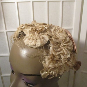 May include: A vintage hat made of beige fabric with a floral design and a veil. The hat is decorated with small pearl-like beads.